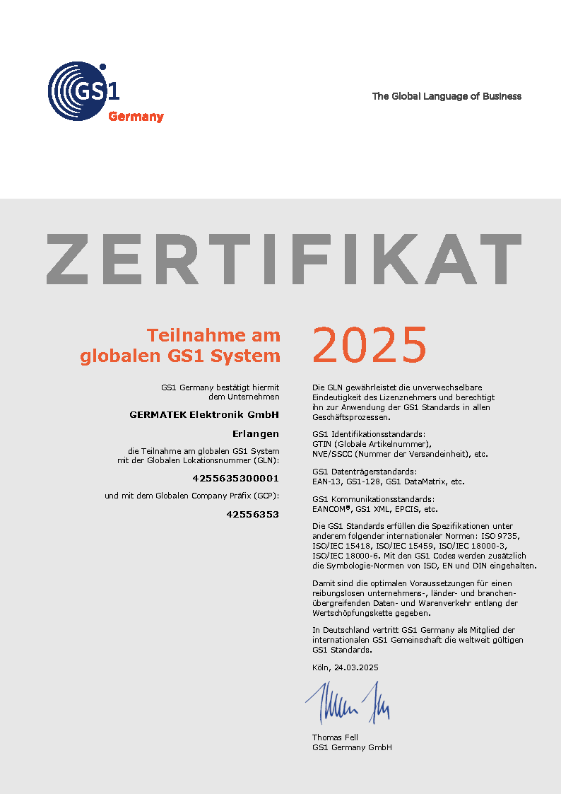 Chứng nhận GS1 Germany 2025 của VOLWATT — ảnh chụp tài liệu thật